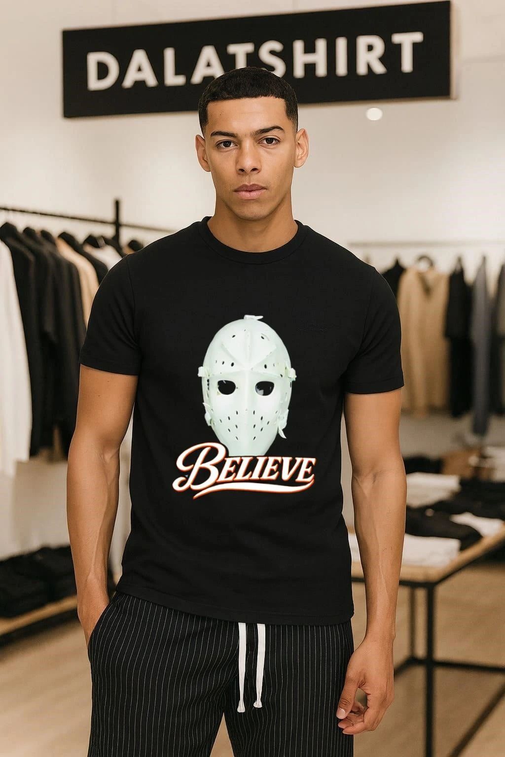 White Hockey Goal Keeper Mask Believe Sports - Adult & Kids T-Shirts, Sweatshirts & Hoodies apparel design preview 1