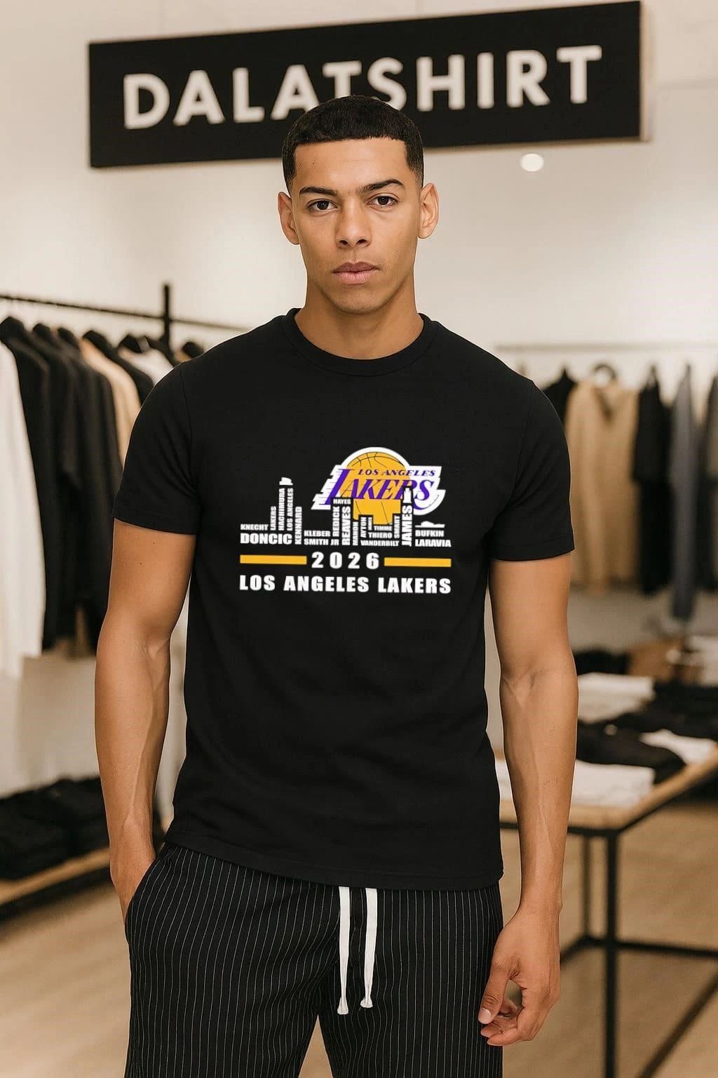 Los Angeles Lakers 2026 logo name players skyline - Adult & Kids T-Shirts, Sweatshirts & Hoodies apparel design preview 1