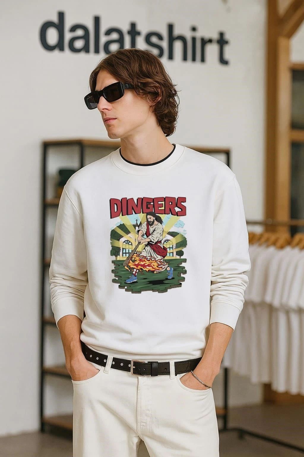 Dingers Jesus Hitting Baseball With Flaming Bat - Adult & Kids T-Shirts, Sweatshirts & Hoodies apparel design preview 2
