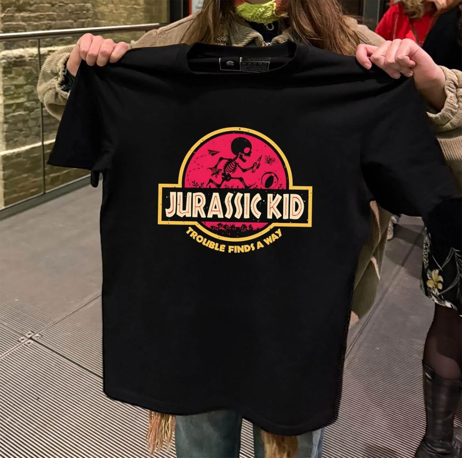 Jurassic Kid Trouble Finds A Way Skeleton Dinosaur - Adult & Kids T-Shirts, Sweatshirts & Hoodies apparel design preview 2