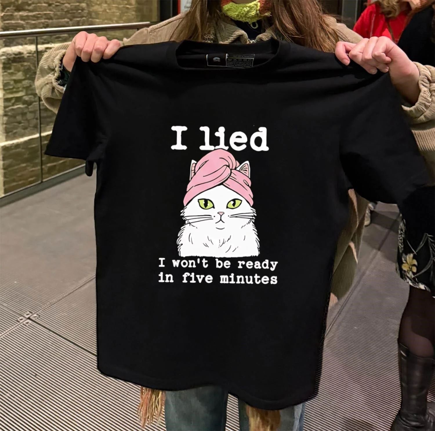 Cat Pink Towel I Lied Won't Be Ready In Five Minutes - Adult & Kids T-Shirts, Sweatshirts & Hoodies apparel design preview 2